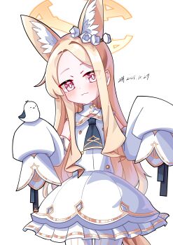 1girl absurdres animal_ears bird black_necktie blonde_hair blue_archive blush closed_mouth detached_sleeves dress forehead fox_ears fox_girl gold_trim halo highres long_hair long_sleeves looking_at_viewer necktie pantyhose pink_eyes seia_(blue_archive) simple_background sleeves_past_fingers sleeves_past_wrists smile solo striped_clothes striped_pantyhose user_jrxe7344 very_long_hair white_background white_dress white_pantyhose yellow_halo