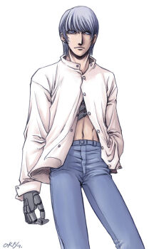 Rule 34 | albert heinrich, arm at side, blue pants, buttons, collared shirt, commentary request, cowboy shot, cyborg, cyborg 009, denim, dress shirt, frown, grey hair, hand in pocket, high collar, impasto, jeans, korean commentary, lazy eye, long legs, long nose, mechabare, mechanical hands, metal skin, navel, orebalgum, pants, partially open shirt, partially unbuttoned, shirt, short hair, simple background, skinny, sleeve cuffs, watermark, web address, white background, white shirt, white sleeves