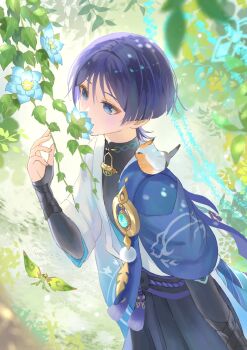 1boy anemo_symbol_(genshin_impact) animal_print aqua_gem arm_at_side armor belt bird_print black_belt black_bodysuit black_bow black_bridal_gauntlets black_shorts blue_cape blue_eyes blue_flower blue_kimono blue_sleeves blunt_ends bodysuit bow bridal_gauntlets cape crystalfly_(genshin_impact) eyeliner feathers flower furisode gem genshin_impact gold grey_pupils hair_intakes hand_up hashtag-only_commentary highres japanese_armor japanese_clothes juban kalpalata_lotus kimono kote kurokote layered_sleeves looking_at_object lotus makeup male_focus mandarin_collar open_clothes open_kimono outdoors plant pom_pom_(clothes) purple_hair purple_rope purple_sash red_eyeliner rope sash scaramouche_(genshin_impact) short_sleeves shorts smelling smelling_flower solo suya_(suya_ny) tassel upper_body vines wanderer_(genshin_impact) white_kimono white_sleeves white_trim wispy_bangs yellow_feathers