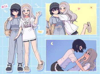 >_< 2girls absurdres arms_around_neck backpack bag black_hair blue_background blue_eyes blue_hoodie blue_pants closed_mouth commentary crocs drawstring grey_hair hairband hand_on_another's_face heart highres hood hoodie hug jin_(jinkwon1147) long_sleeves moon multiple_girls open_mouth original pants purple_eyes shirt short_hair short_sleeves smile sun white_shirt yellow_background yellow_hairband yuri
