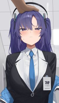 1boy 1girl absurdres black_halo black_jacket blue_archive blue_necktie blush breasts closed_mouth collared_shirt commentary_request hair_ornament halo headpat highres id_card indoors jacket jacket_partially_removed lanyard long_hair long_sleeves mechanical_halo millennium_science_school_logo mm_(mhm2592) necktie purple_eyes purple_hair shirt sweat triangle_hair_ornament two-sided_fabric two-sided_jacket two_side_up upper_body white_shirt yuuka_(blue_archive)