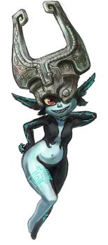 1girl black_skin blue_skin body_markings colored_skin commentary english_commentary fake_horns grin hand_on_own_hip helmet highres horned_helmet horns looking_at_viewer midna multicolored_skin navel nintendo obesitykid pointy_ears sharp_teeth simple_background smile solo teeth the_legend_of_zelda the_legend_of_zelda:_twilight_princess two-tone_skin white_background