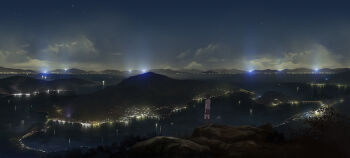 Rule 34 | 1girl, bridge, city lights, cityscape, cloud, commentary, dark, female focus, hill, horizon, island, long hair, mountain, night, original, plant, river, scenery, school uniform, shiira, sky, solo, star (sky), water