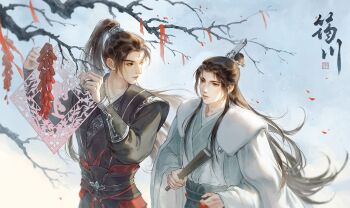 Rule 34 | 2boys, absurdres, backlighting, bare tree, black hair, black hanfu, branch, brown eyes, chinese clothes, closed mouth, commentary request, curtained hair, floating hair, folded fan, folding fan, from above, fur-trimmed robe, fur trim, half updo, hand fan, hanfu, high ponytail, highres, holding, holding fan, light particles, long hair, long sleeves, looking at another, looking back, luo binghe, male focus, multiple boys, outdoors, parted bangs, ponytail, red ribbon, renzha fanpai zijiu xitong, ribbon, robe, shen qingqiu, snow, snowing, tree, vambraces, very long hair, white hanfu, white robe, wide sleeves, winter, xiao guan (headdress), yunchuan 1013, zuiyin