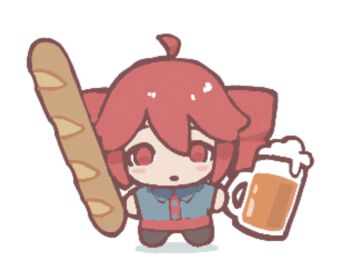 Rule 34 | 1girl, ahoge, alcohol, baguette, beer, beer mug, blush stickers, branchpuzzle, bread, chibi, chibi only, commentary, cup, drill hair, food, full body, hashtag-only commentary, holding, holding cup, holding food, kasane teto, kasane teto (utau), mug, red eyes, red hair, solo, twin drills, utau