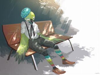 1girl bench beret bird_girl closed_eyes commentary_request feathers full_body furry furry_female green_feathers green_wings hat nagabe on_bench original outdoors shirt sitting sleeping socks solo striped_clothes striped_socks suspenders suspenders_slip white_shirt winged_arms wings