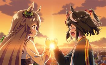 2girls ^_^ animal_ears anime_coloring artist_request black_jacket black_sailor_collar black_sash blunt_bangs blurry blurry_background bow braid brown_hair city closed_eyes cloud depth_of_field diamond_(shape) dress ear_ornament ear_ribbon eye_contact eyelashes face-to-face flower frilled_sleeves frills from_side game_cg green_ribbon hair_between_eyes hair_flower hair_ornament hair_ribbon happy horse_ears horse_girl jacket kitasan_black_(umamusume) lens_flare light_blush long_hair long_sleeves looking_at_another multicolored_hair multiple_girls official_art open_clothes open_jacket open_mouth orange_sky outdoors parted_lips pink_flower pinky_swear pointy_nose ponytail puffy_long_sleeves puffy_sleeves red_ribbon ribbon sailor_collar sash satono_diamond_(umamusume) shirt short_hair short_ponytail single_braid sky smile straight_hair streaked_hair sun sunset tareme umamusume upper_body very_long_hair waist_sash wavy_hair white_dress white_shirt yellow_eyes