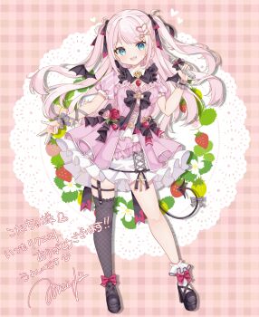 1girl absurdres black_bow black_ribbon black_thighhighs blue_eyes blush bow commentary_request commission commissioner_name demon_tail dress fishnet_thighhighs fishnets full_body hair_ornament hair_ribbon hand_up heart heart_hair_ornament highres holding holding_microphone indie_virtual_youtuber long_hair looking_at_viewer microphone open_mouth pink_dress pink_hair pointy_ears ribbon saekiya_sabou second-party_source signature single_thighhigh skeb_commission solo standing tail tail_bow tail_ornament teeth thank_you thighhighs two_side_up upper_teeth_only virtual_youtuber x_hair_ornament yumeichi_shinoa