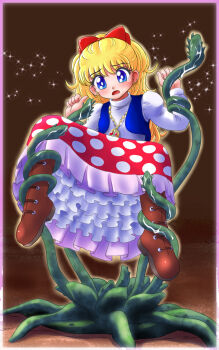 Rule 34 | 1girl, 1other, amulet, angie girl, angie irington, angie islington, bdsm, blonde hair, blue eyes, blue vest, blush, bondage, boots, bound, brown boots, dress, hair ribbon, jewelry, joou heika no petite angie, necklace, ponytail, red dress, red ribbon, ribbon, shirt, tentacle rope, tentacles, vest, white shirt, yamagatakai