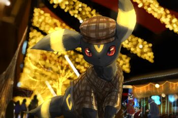 1girl animal_ears basket black_fur blurry blurry_background bokeh brown_hat brown_shirt checkered_clothes checkered_hat checkered_shirt christmas_lights city_lights collared_shirt colored_sclera delibird depth_of_field earmuffs eye_reflection facial_mark feet_out_of_frame field_cap forehead_mark fur_trim gen_2_pokemon hat heart highres holding holding_basket karu_wacame nintendo pokemon pokemon_(creature) pokemon_focus pokemon_in_clothes red_sclera reflection shirt short_sleeves sidelighting signature straight-on tail two-tone_fur umbreon