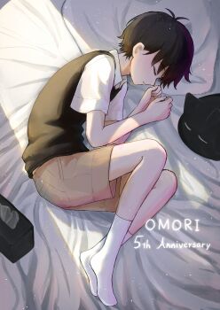 1boy absurdres anniversary antenna_hair backlighting bare_arms black_hair black_sweater_vest brown_shorts cat closed_eyes closed_mouth collared_shirt commentary_request copyright_name from_side full_body hair_behind_ear head_on_pillow highres indoors knees_up lying male_focus mewo omori on_bed on_side pillow profile rami_1300 shirt short_hair short_sleeves shorts socks solo sunny_(omori) sweater_vest tissue tissue_box white_shirt white_socks