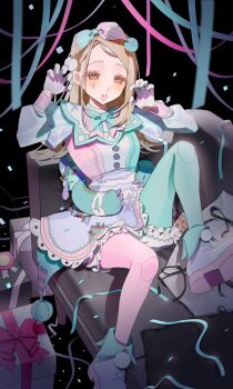 aqua_bow aqua_bowtie aqua_pantyhose asymmetrical_legwear black_background blonde_hair bloomers blue_boots blush boots bow bowtie box breasts claw_pose commentary confetti couch dress earrings fancy_dress_party_(idolmaster) fang flipped_hair full_body gakuen_idolmaster gift gift_box gloves hands_up hat highres idolmaster jester jester_cap jewelry juliet_sleeves knee_up long_hair long_sleeves looking_at_viewer mismatched_legwear multicolored_dress multicolored_hat on_couch open_mouth orange_eyes pantyhose parted_bangs patch pink_bow pink_bowtie pink_pantyhose puffy_sleeves shine_asahi shinosawa_hiro short_dress sitting skin_fang small_breasts streamers stud_earrings stuffed_animal stuffed_toy symbol-only_commentary teardrop_facial_mark teddy_bear two-tone_bow two-tone_bowtie underwear white_bloomers white_gloves