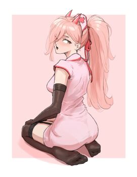 1girl absurdres alternate_costume alternate_hairstyle ass blush border breasts brown_gloves brown_thighhighs chainsaw_man demon_horns dress elbow_gloves feet full_body garter_straps gloves hair_over_one_eye hair_ribbon hat highres horns long_hair looking_at_viewer looking_back medium_breasts neas57 no_shoes nurse nurse_cap on_ground open_mouth pink_background pink_dress pink_hair pink_horns ponytail power_(chainsaw_man) red_ribbon revision ribbon seiza shadow short_dress short_sleeves sitting soles solo symbol-shaped_pupils thighhighs toes very_long_hair white_border yellow_eyes