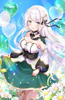 1girl akasaka_asa balloon black_ribbon blue_sky breasts cloud cloudy_sky cocoluce commentary dress english_commentary field flower flower_field green_dress green_eyes green_skirt hair_between_eyes hair_ornament hair_over_eyes hair_ribbon hanenone_cocone heart_balloon highres holding_cloth large_breasts long_hair long_sleeves looking_at_viewer makeup necktie no_headwear papers ribbon rouge_(makeup) skirt sky smile solo standing sunlight too_many_balloons very_long_hair virtual_youtuber white_dress white_flower white_skirt