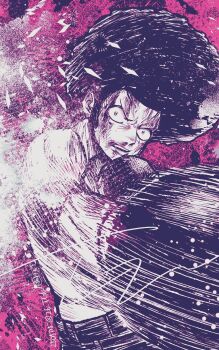 1boy afro blood blood_on_face boxing_gloves commentary_request dated highres looking_at_viewer male_focus monkey_d._luffy monochrome one_piece punching scar scar_on_face sideburns solo tagawa_jiro topless_male twitter_username