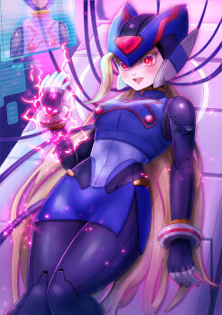 1girl absurdres alternate_color android armor bliss_zero_(mega_man) blonde_hair blue_armor blue_helmet breasts cable commentary_request commission copy_x_(mega_man) corruption dark_persona forehead_jewel genderswap genderswap_(mtf) glowing helmet highres holographic_interface kiwakiwa large_breasts long_hair mega_man_(series) mega_man_zero_(series) mind_control miniskirt open_mouth pink_lips pixiv_commission red_eyes robot_girl skirt solo svc_chaos teeth tongue zero(z)_(mega_man) zero_(mega_man)