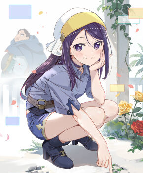 Rule 34 | 1boy, 1girl, arms up, busamen gachi fighter, collared shirt, copyright request, flower, head rest, light smile, looking at viewer, nyoro (nyoronyoro000), purple eyes, purple hair, purple shirt, rose, seika (busamen gachi fighter), shirt, short sleeves, shorts, squatting, ugly bastard