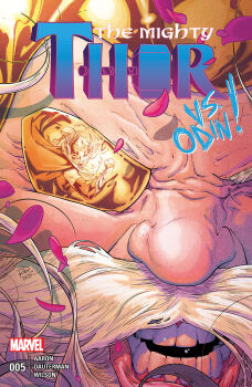 1boy 1girl armor beard bracer breastplate cape comic_cover copyright_logo copyright_name cover cover_page english_text eyepatch facial_hair floating_hair gold_helmet hammer helmet highres holding holding_hammer imminent_attack jane_foster logo long_hair marvel mature_male mjolnir_(marvel) odin_(marvel) official_art old old_man open_mouth petals pink_petals reflection reflection_focus russell_dauterman teeth thor_(jane_foster) thor_(marvel)_(series) toned toned_female upper_body vs western_comics_(style) white_facial_hair winged_helmet