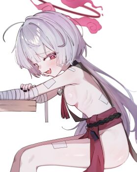 1girl absurdres bandaged_arm bandaged_leg bandages bare_shoulders bell black_nails blue_archive breasts fang gauze gauze_on_cheek gauze_on_face grey_hair halo highres jingle_bell loli long_hair looking_at_viewer no_bra no_panties open_mouth red_eyes red_halo shuro_(blue_archive) sideless_kimono sideless_outfit simple_background sitting skin_fang small_breasts ttubbip white_background