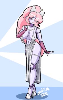 artist_name blue_eyes bow breasts cosplay dress eyebrows_hidden_by_hair hair_bow happy hearts_in_eyes high_heels jewelry joints large_breasts long_hair navel necklace open_mouth original pearl_necklace pink_hair ponytail robot robot_girl robot_joints satin_dress shiny_clothes sideboob st._louis_(luxurious_wheels)_(azur_lane)_(cosplay) stiletto_heels two-tone_background very_long_hair zedrin