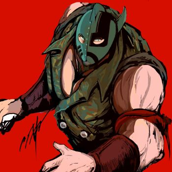 Rule 34 | 1boy, biceps, green eyes, helmet, highres, holding, holding weapon, kinniku ataru, kinnikuman, kinnikuman soldier, large pectorals, looking at viewer, muscular, pectorals, red background, simple background, soldier, vest, weapon, wrestling, yoshiokanp