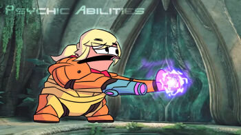 Rule 34 | 1girl, arm cannon, aura, black eyes, blonde hair, bonk150art, door, eyebrows hidden by hair, fat, fat woman, frown, highres, long hair, looking at object, meme, metroid, metroid prime 4: beyond, nintendo, open mouth, outstretched arms, parody, patrick star, ponytail, power suit (metroid), samus aran, spongebob squarepants (series), standing, varia suit, weapon