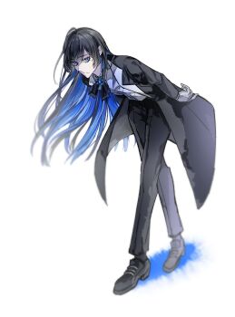 1girl ado_(utaite) ahoge black_bow black_bowtie black_coat black_hair black_pants black_shoes black_socks blue_eyes blue_hair bow bowtie chando_(ado) closed_mouth coat colored_inner_hair commentary gloves hashtag-only_commentary highres kkeraku long_hair looking_at_viewer mole mole_under_eye multicolored_hair open_clothes open_coat pants shoes simple_background socks solo utaite white_background white_gloves