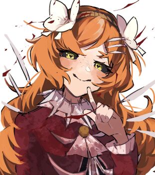 Rule 34 | 1girl, ascot, black sclera, bow, brown hairband, closed mouth, coat, colored sclera, e.g.o (project moon), freckles, hair bow, hair ornament, hairband, hairclip, heart, heart-shaped pupils, highres, ishmael (project moon), limbus company, long hair, long sleeves, looking at viewer, nakame77, orange hair, project moon, red coat, sanguine desire (e.g.o), simple background, smile, solo, symbol-shaped pupils, upper body, white ascot, white background, white bow, yellow eyes