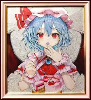 1girl ascot bat_wings blue_hair brooch cake cake_slice collared_shirt commentary_request eating food frilled_shirt_collar frills fruit hair_between_eyes hat hat_ribbon holding holding_food holding_spoon jewelry macaron mikan_(manmarumikan) mob_cap pink_hat pink_shirt puffy_short_sleeves puffy_sleeves red_ascot red_eyes red_ribbon remilia_scarlet ribbon shirt short_hair short_sleeves solo spoon strawberry strawberry_cake touhou traditional_media upper_body wings wrist_cuffs