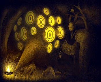 absurdres balance_scale beak big_bird_(project_moon) bird branch commentary_request extra_eyes fire glowing glowing_eyes grass highres inumata0823 judgement_bird lantern lobotomy_corporation monster project_moon punishing_bird weighing_scale yellow_eyes