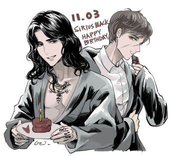 2boys black_hair cake candle character_name chocolate collar collarbone dated dog food gengoodstick grey_hair happy_birthday harry_potter_(series) holding holding_food looking_at_another male_focus multiple_boys multiple_tattoos parted_lips pectorals plate remus_lupin shirt short_hair signature simple_background sirius_black smile tattoo teeth upper_body white_background white_shirt wing_collar wizarding_world