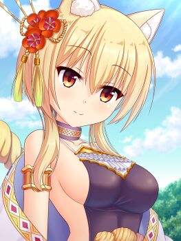 1girl animal_ears armlet blonde_hair blue_sky bodystocking breasts cat_ears detached_sleeves flower forest gold_armlet hair_flower hair_ornament highres iris_mysteria! large_breasts laura_kelyrie long_sidelocks nature sideboob sidelocks sky solo tamba_i upper_body white_sleeves yellow_eyes