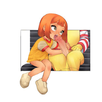 1boy 1girl bench brown_eyes censored clown clown_boy daughter_(yoru_mac) erection fellatio full_body gloves hetero highres loli mcdonald's mosaic_censoring no_pants open_mouth oral orange_hair overalls penis ronald_mcdonald shirt shoes short_hair short_sleeves sitting solo_focus teeth thighs tongue tongue_out upper_teeth_only white_footwear yellow_gloves yellow_overalls yellow_shirt yokappa_(jokappa) yoru_mac