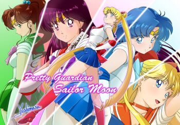 5girls aino_minako arm_up artist_name bishoujo_senshi_sailor_moon black_hair blonde_hair blue_bow blue_eyes blue_hair blue_sailor_collar blue_skirt boots bow breasts brown_hair choker circlet closed_mouth commentary copyright_name crescent crescent_earrings double_bun earrings elbow_gloves gloves green_choker green_sailor_collar green_skirt hair_bun hair_ornament hand_on_own_hip hand_up highres hino_rei holding holding_ofuda inner_senshi jewelry kino_makoto knee_boots long_hair looking_at_viewer looking_back magical_girl medium_breasts miniskirt mizuno_ami multiple_girls ofuda open_mouth orange_choker orange_sailor_collar pink_bow pleated_skirt ponytail purple_bow red_boots red_bow red_choker red_sailor_collar sailor_collar sailor_jupiter sailor_mars sailor_mercury sailor_moon sailor_senshi_uniform sailor_venus shirt short_hair signature skirt smile standing star_(symbol) star_earrings stud_earrings tsukino_usagi twintails very_long_hair white_gloves white_shirt yoshinaga_masahiro