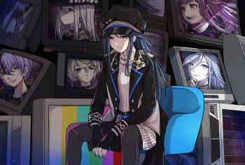 1girl 25-ji_miku absurdres aoyagi_touya arrow_cross black_gloves black_hat black_jacket black_leggings black_skirt blue_eyes blue_hair blue_nails blue_ribbon blue_trim brick_wall newsboy_cap chair chaos1402 close_game/offline_(project_sekai) closed_mouth commentary_request cross crt dark_blue_hair eyes_visible_through_hair feet_out_of_frame fingerless_gloves gloves hair_between_eyes hand_on_own_chin hat hat_ornament hatsune_miku heterochromia highres hinomori_shizuku hoshino_ichika_(project_sekai) jacket lapels leggings light_blue_hair long_bangs long_sleeves looking_ahead looking_at_viewer monitor multicolored_hair neck_ribbon notched_lapels official_alternate_hair_length official_alternate_hairstyle on_chair ootori_emu open_clothes open_jacket open_mouth pink_eyes pink_hair portrait project_sekai purple_eyes ribbon scanlines shirt short_hair shoulder_boards sitting skirt smile solo split-color_hair star_(symbol) star_hat_ornament static teeth television test_card unbuttoned unbuttoned_jacket upper_teeth_only vocaloid white_shirt white_trim yoisaki_kanade