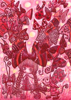 1girl animal bow braid denkyu_getemono flower grey_eyes hair_bow hat index_finger_raised long_hair no_nose original pink_flower pink_theme smile striped_bow tongue tongue_out top_hat twin_braids very_long_hair winding_key