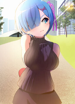 Rule 34 | 1girl, :t, alternate costume, bare shoulders, blackminolith (2ne), blue eyes, blue hair, blush, box, city, closed mouth, grass, hair ornament, hair over one eye, hair ribbon, head tilt, heart-shaped box, highres, looking at viewer, pout, re:zero kara hajimeru isekai seikatsu, rem (re:zero), ribbon, short hair, sidewalk, skirt, sunlight, tree, v-shaped eyebrows, valentine, x hair ornament