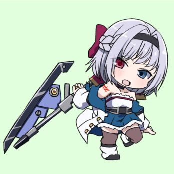 Rule 34 | 1girl, arm at side, arm tattoo, assault lily, bare shoulders, black choker, black hairband, black shoes, blue eyes, blue skirt, blush, bow, braid, brown thighhighs, chibi, choker, collarbone, full body, grey hair, gumoyu, hair bow, hair intakes, hairband, half up braid, hand up, herensuge girls academy school uniform, heterochromia, holding, holding behind back, holding weapon, holding weapon behind back, jacket, jewelry, leg up, leg warmers, looking at viewer, medium hair, miniskirt, off shoulder, open clothes, open jacket, open mouth, outstretched arm, pink eyes, pleated skirt, red bow, ring, school uniform, shirt, shoes, skirt, solo, standing, standing on one leg, strapless, strapless shirt, tattoo, thighhighs, torii miho, underbust, weapon, white jacket, white leg warmers, white shirt, zettai ryouiki