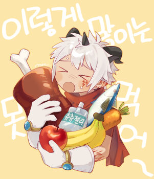 &gt;_&lt; 1boy aegiomon apple banana body_markings boned_meat carrot digimon digimon_(creature) digimon_story:_time_stranger drink facial_mark fish food fruit gameplay_mechanics gloves highres korean_text meat moch_ka_game open_mouth red_scarf scarf short_hair simple_background solo translation_request upper_body white_gloves white_hair yellow_background