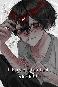 1boy :d @_@ aegyo_sal black_eyes black_hair collared_shirt commentary_request crossed_bangs double-parted_bangs eyebrow_razor fang grin hair_between_eyes hand_up highres holding_razor_blade hosikage4040 looking_at_viewer male_focus official_art open_mouth original playing_with_own_hair promotional_art razor_blade scar scar_on_arm self-harm shirt short_hair smile solo white_shirt wrist_cutting