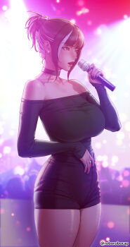 1girl absurdres artist_name bare_shoulders black_choker black_hair black_nails black_shirt black_shorts breasts brown_eyes choker commentary commentary_request crowd earrings english_commentary glint hand_up highres holding holding_microphone jewelry korean_commentary large_breasts legs_together long_sleeves microphone mixed-language_commentary multicolored_hair nail_polish off-shoulder_shirt off_shoulder open_mouth original ponytail ring roborobocap shirt shirt_tucked_in short_hair shorts sidelocks standing streaked_hair taut_clothes taut_shirt two-tone_hair white_hair
