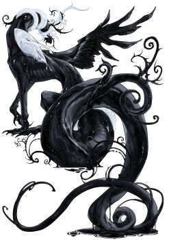 absurdres black_liquid black_scales black_wings branch claws colored_skin deepsea9013 eldritch_abomination feathered_wings from_behind highres long_tail monster monster_focus multicolored_skin no_humans original simple_background solo tail tendril two-tone_skin white_background wings