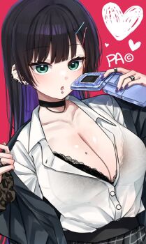 1girl animal_print barbell_piercing black_bra black_choker black_hair bocchi_the_rock! bra bra_visible_through_clothes breasts cellphone chin_piercing choker cleavage collarbone colored_inner_hair commentary_request ear_piercing face_piercing green_eyes hair_ornament hairclip heart highres holding holding_phone industrial_piercing jewelry large_breasts leopard_print long_hair mole mole_on_breast multicolored_hair pa-san partially_unbuttoned phone piercing purple_hair purple_nails ring shirt solo two-tone_hair underwear white_shirt yozakurayuyu