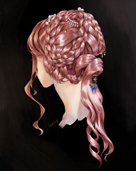 Rule 34 | 1girl, absurdres, artist name, black background, braid, braided bun, butterfly hair ornament, commentary, cropped head, english commentary, from behind, hair bun, hair focus, hair ornament, highres, jewelry, long hair, matta a, original, pearl hair ornament, pink hair, solo