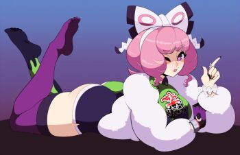 1girl ass blush bow bracelet breasts collared_shirt danx182 drill_hair drill_sidelocks dynamax_band eyeshadow flipped_hair fur_jacket hair_bow hairband heart heart-shaped_pupils index_finger_raised jacket jewelry klara_(pokemon) legs_up lying makeup mole mole_under_mouth multicolored_thighhighs nintendo no_shoes on_stomach one_eye_closed pink_eyeshadow pink_hair pink_lips pokemon pokemon_swsh print_shirt print_shorts purple_eyes ring shaded_face shirt short_hair shorts side_slit side_slit_shorts sidelocks smile solo symbol-shaped_pupils tongue tongue_out two-tone_shirt two-tone_shorts two-tone_thighhighs white_bow white_hairband