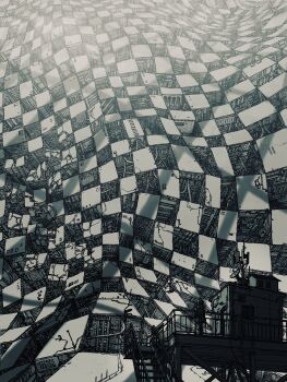 Rule 34 | 1girl, absurdly detailed composition, absurdres, building, city, cityscape, greyscale, highres, kamikairo, monochrome, original, outdoors, railing, road, satellite dish, scenery, science fiction, shadow, skirt, skyscraper, stairs, standing, surreal, wide shot