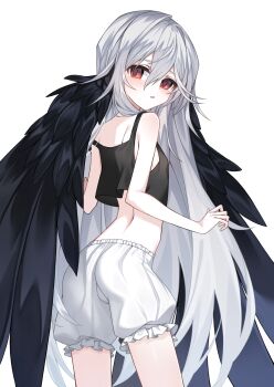 1girl angel_wings ass black_shirt black_wings bloomers blush breasts commentary_request crop_top fallen_angel from_behind highres ikex3f long_hair looking_at_viewer looking_back open_mouth original red_eyes shirt simple_background small_breasts solo underwear very_long_hair white_background white_bloomers white_hair wings