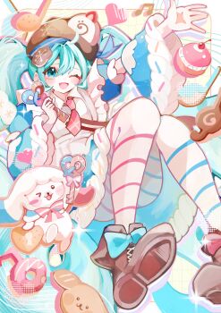 Rule 34 | > o, 1girl, absurdres, ahoge, animal, apron, aqua eyes, aqua hair, arm up, blue bow, blue dress, blue eyes, blue sleeves, blush, bow, bowtie, brown hat, cake, cake slice, commentary request, detached sleeves, dress, dress bow, fingernails, food, food-themed clothes, food-themed hat ornament, frilled apron, frills, fur-trimmed dress, fur-trimmed sleeves, fur trim, hair between eyes, hair ornament, hat, hat ornament, hatsune miku, highres, holding, holding key, key, long hair, long sleeves, looking at viewer, necktie, official alternate costume, official alternate hairstyle, one eye closed, open mouth, pink necktie, puffy sleeves, rabbit yukine, short sleeves, sirosaki flower, twintails, two-tone sleeves, very long hair, vocaloid, wavy hair, white apron, yuki miku, yuki miku (2026)