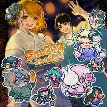 >_< 5boys 6+boys alcohol artemis_(fate) beer black_hair blue_eyes blue_kimono candy_apple character_mask charlemagne_(fate) chibi chocolate-covered_food chocolate_banana duryodhana_(fate) fate/grand_order fate_(series) fish food fou_(fate) fujimaru_ritsuka_(female) fujimaru_ritsuka_(male) goldfish grey_hair grin hair_ornament highres hot_dog japanese_clothes kimono locusta_(fate) mash_kyrielight mask mask_on_head multiple_boys okada_izou_(fate) open_mouth orange_eyes orange_hair orion_(bear)_(fate) osakabehime_(fate) osakabehime_(swimsuit_archer)_(fate) poi_(goldfish_scoop) roland_(fate) scheherazade_(fate) shiratori_yokikana smile spartacus_(fate) super_orion_(fate) waving white_kimono