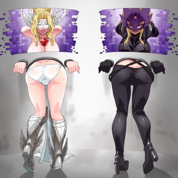 2girls absurdres ass beelstarmon black_pants blonde_hair breasts cameltoe digimon digimon_(creature) eye_mask gerusyu highres large_breasts long_hair mask multiple_girls panties pants third_eye through_wall underwear venusmon white_panties